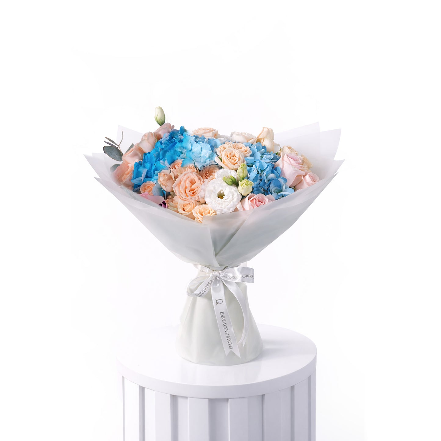 Grand Blue Hydrangea & Peach Rose Bouquet