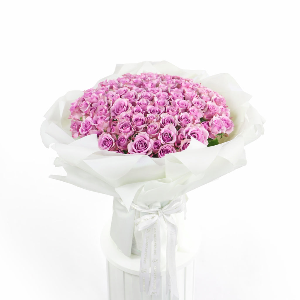 Grand 100 rich mauve rose bouquet in luxury slate grey wrapping for sale