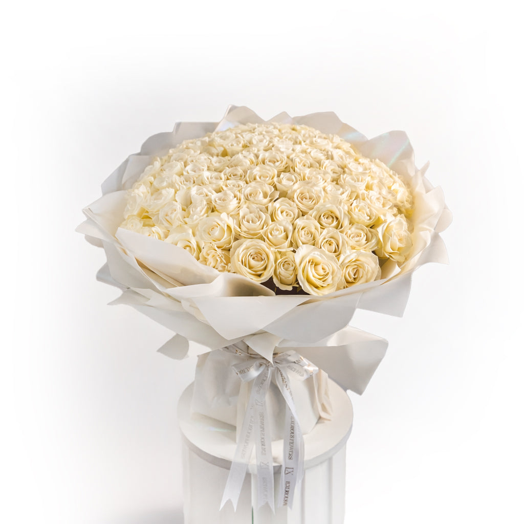 Grand 100 white rose hand bouquet for luxury wedding or event