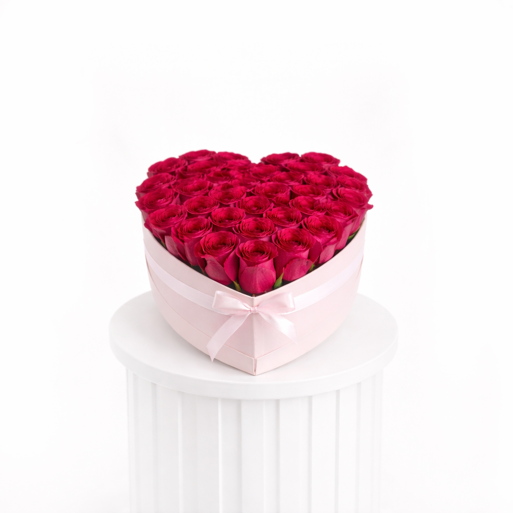 Fuchsia Roses in Heart Box