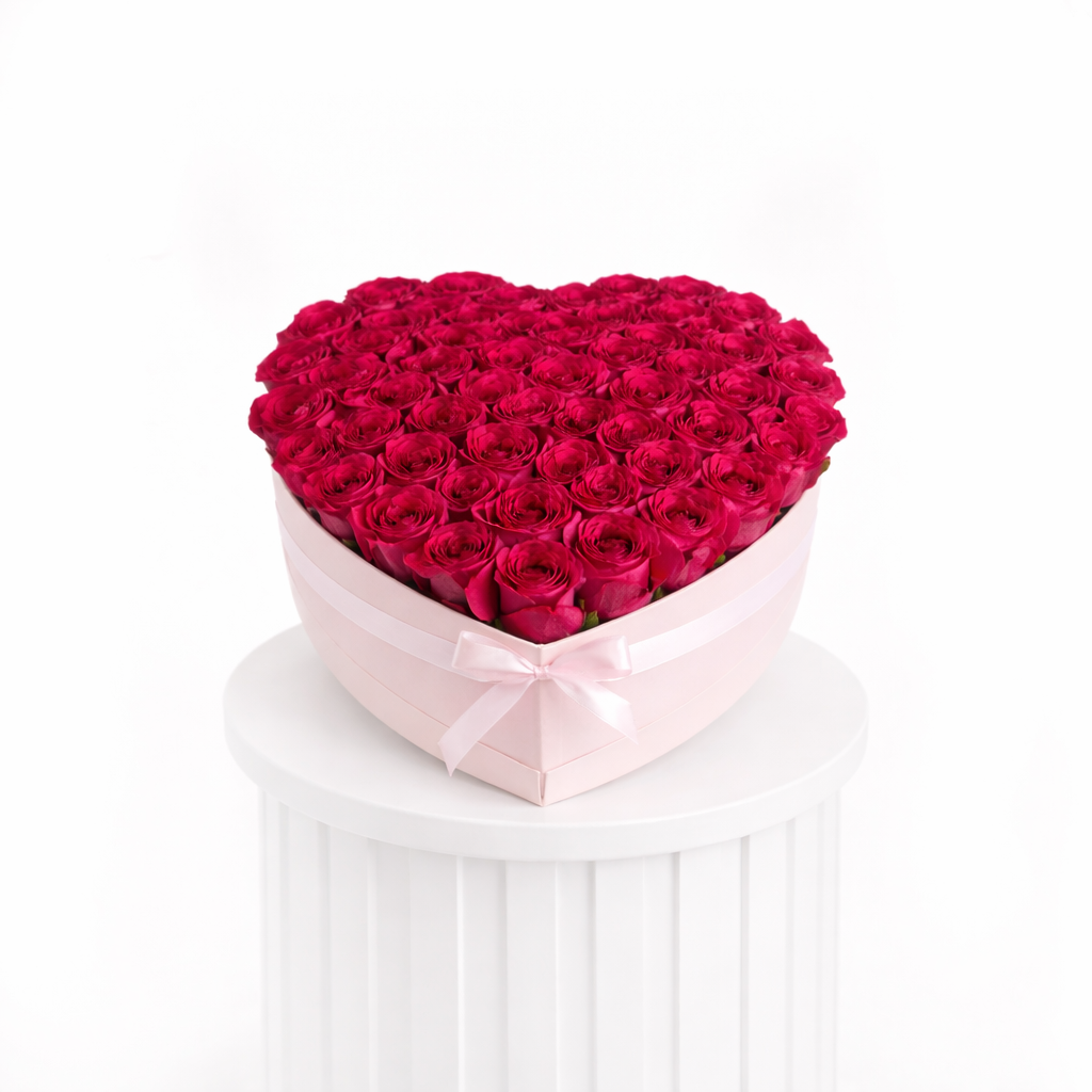 Fuchsia Roses in Heart Box