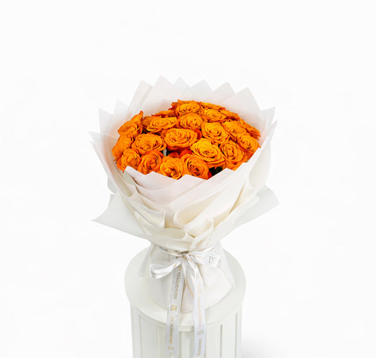 Deluxe 50 orange rose arrangement in professional hand-tied spiral