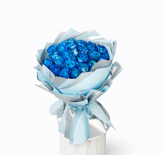 Boutique 50 blue rose arrangement in professional hand-tied spiral for sale in Dubai