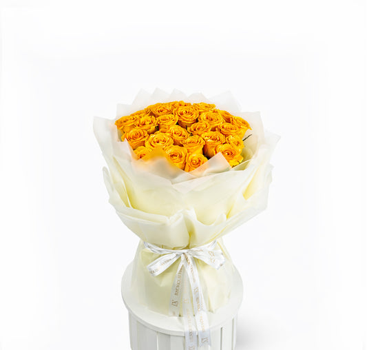 Radiant 50 yellow rose bouquet in signature solar aura hand-tied design for sale in dubai