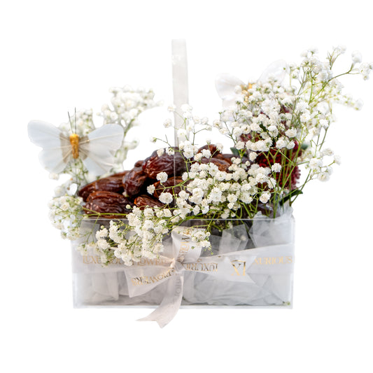 Bouquet of flowers with dates and a butterfly decoration on a white background