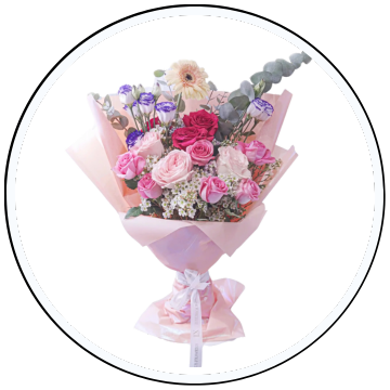Bouquet of flowers wrapped in pink paper on a white background