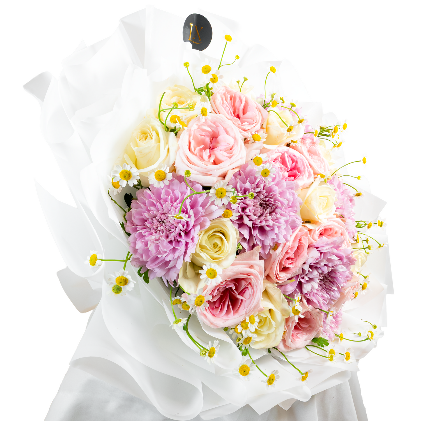 Bouquet of pink and white flowers with a white wrap for sale in dubai perfect gift flower
