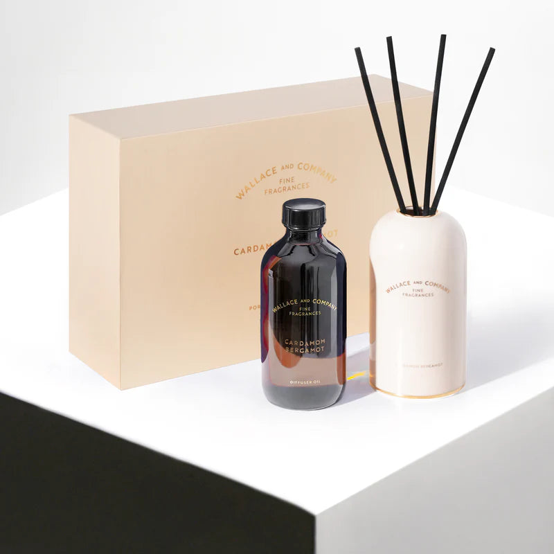 Wallace & Co. fragrance set with bottle, diffuser, and packaging on a white background