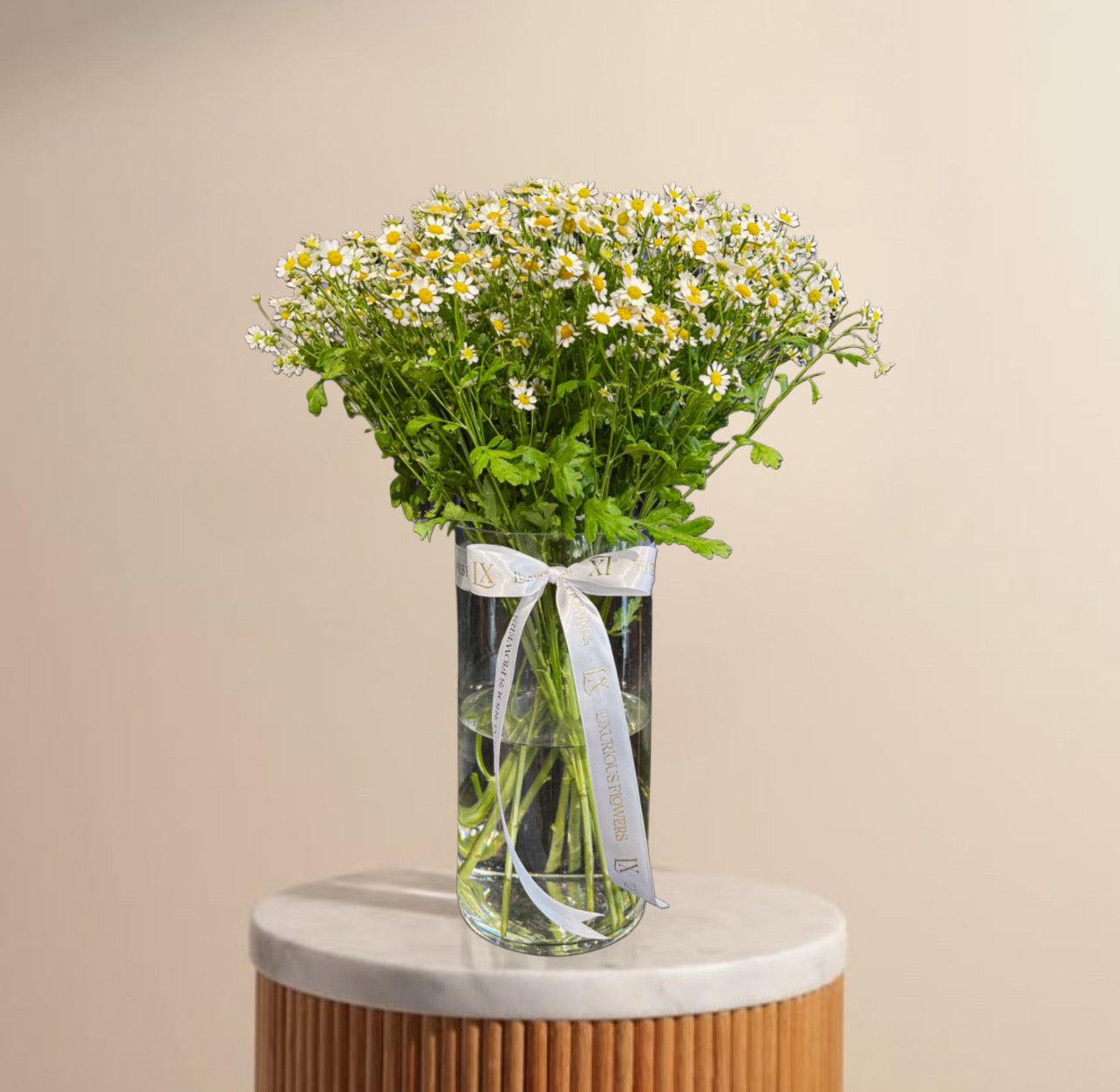 Bouquet of Daisies galore flowers in a clear vase with a white ribbon on a beige background for sale in dubai