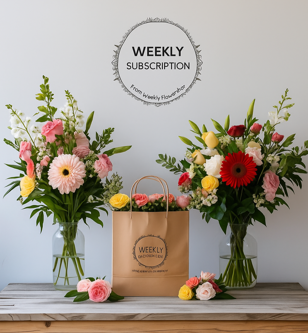 Floral arrangements in vases with a paper bag labeled 'Weekly Flowerbox' on a wooden surface.