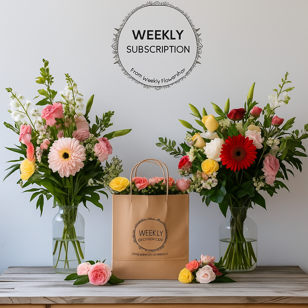 Floral arrangements with a paper bag labeled 'Weekly Subscription' on a wooden table.