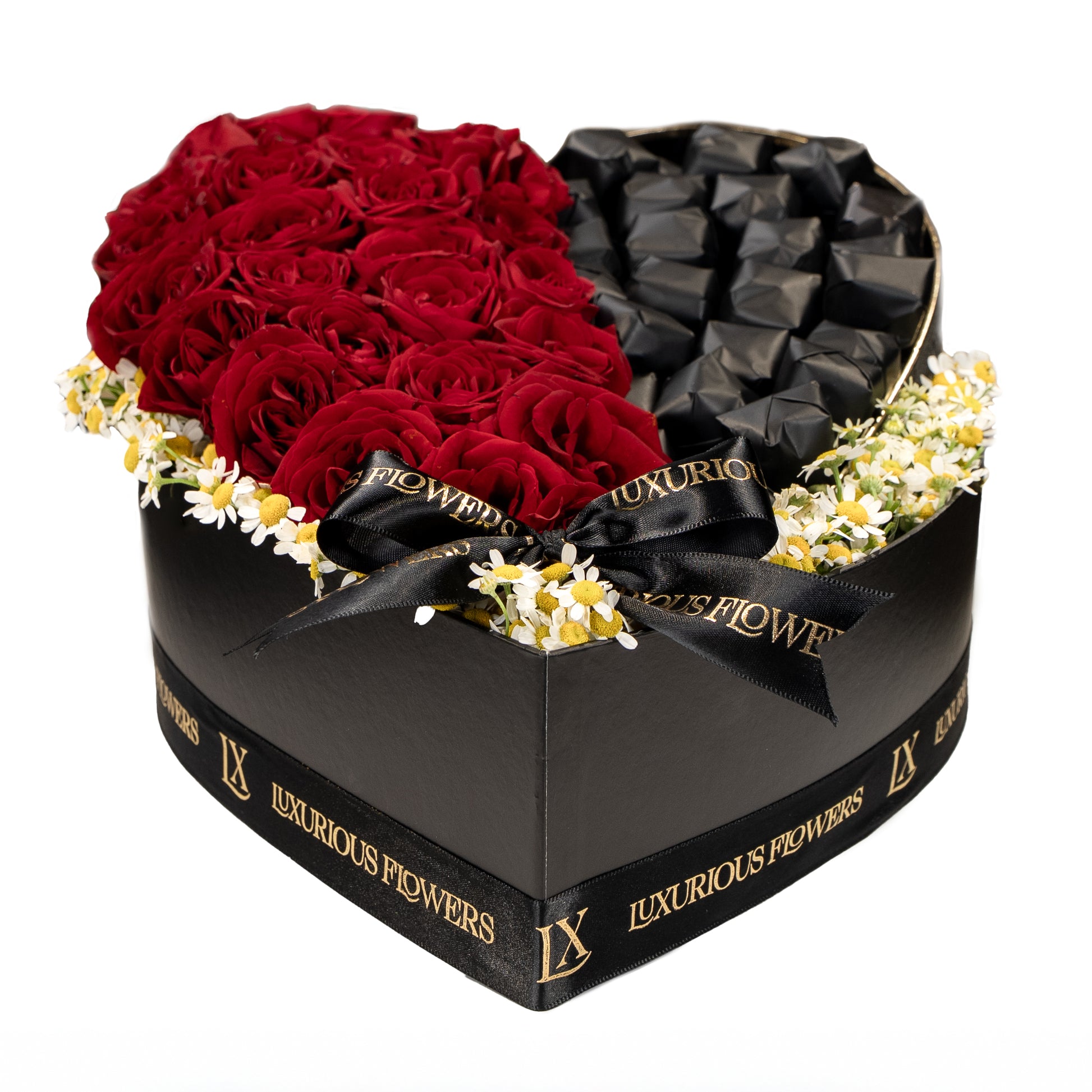 Heart-shaped box with red roses and black ribbons, branded 'Luxurious Flowers'.