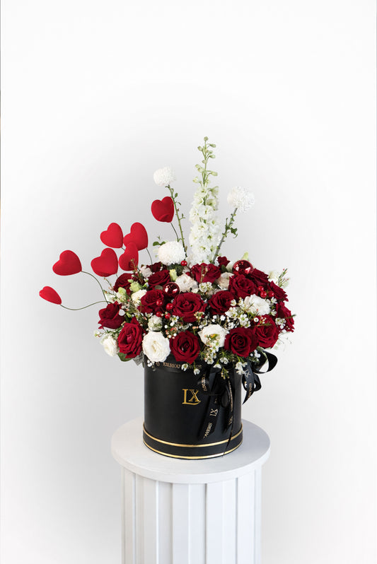 Luxury red and white flower box arrangement handcrafted with premium fresh flowers