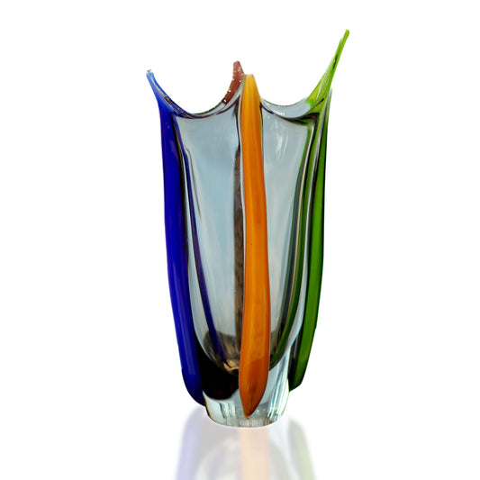 fancy Colorful glass vase with blue, orange, and green hues on a white background for sale in dubai online