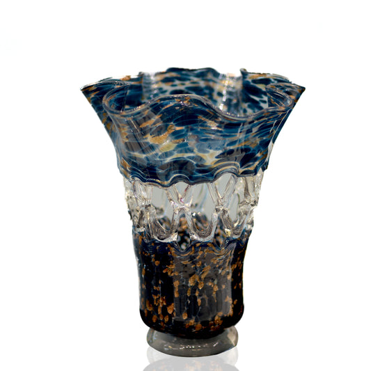 fancy Glass flower vase with blue and clear pattern on a white background