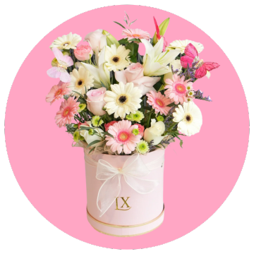 Colorful flower arrangement in a white and mix flowers in a box with a pink background