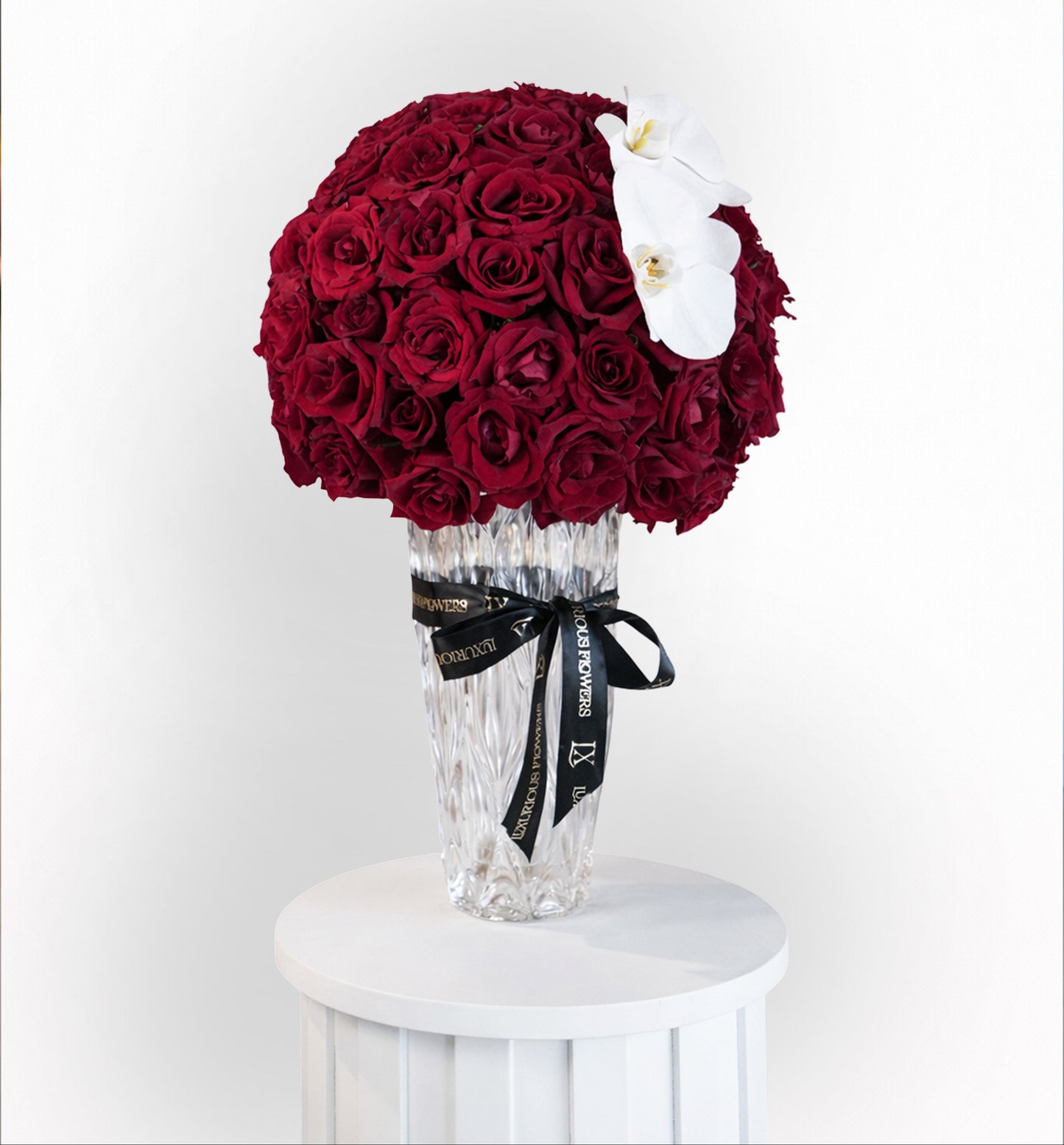 Luxury red rose and white orchid arrangement in crystal vase for Valentine’s Day Dubai for sale