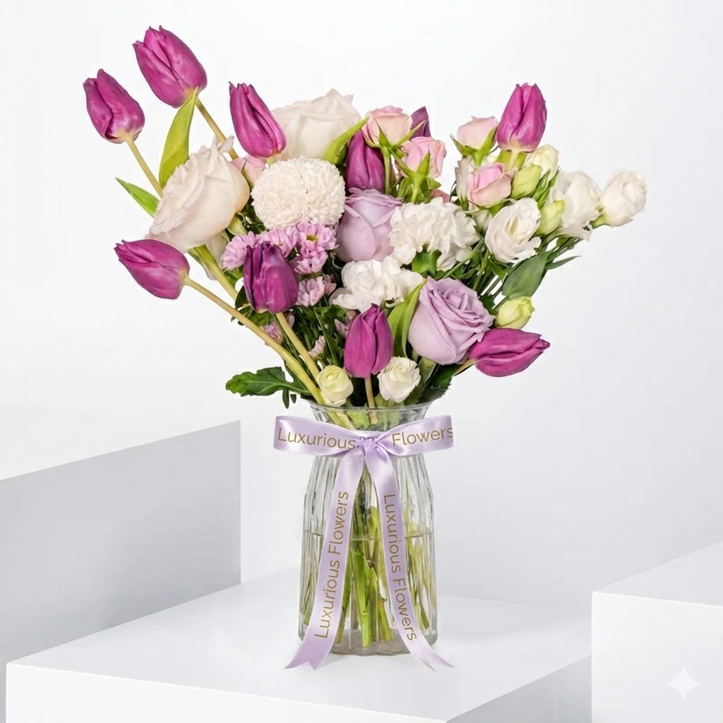 Soft Purple Tulips Glass Vase