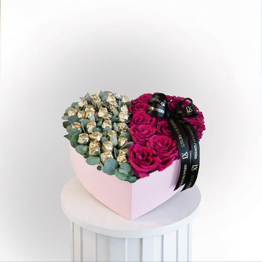 Luxury Valentine’s heart box with fresh roses and chocolates by Luxurious Flowers Dubai
